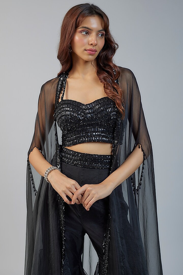 Black Organza & Raw Silk Sequins Embroidered Cape Set by Kresha Lulla at Pernia's Pop Up Shop
